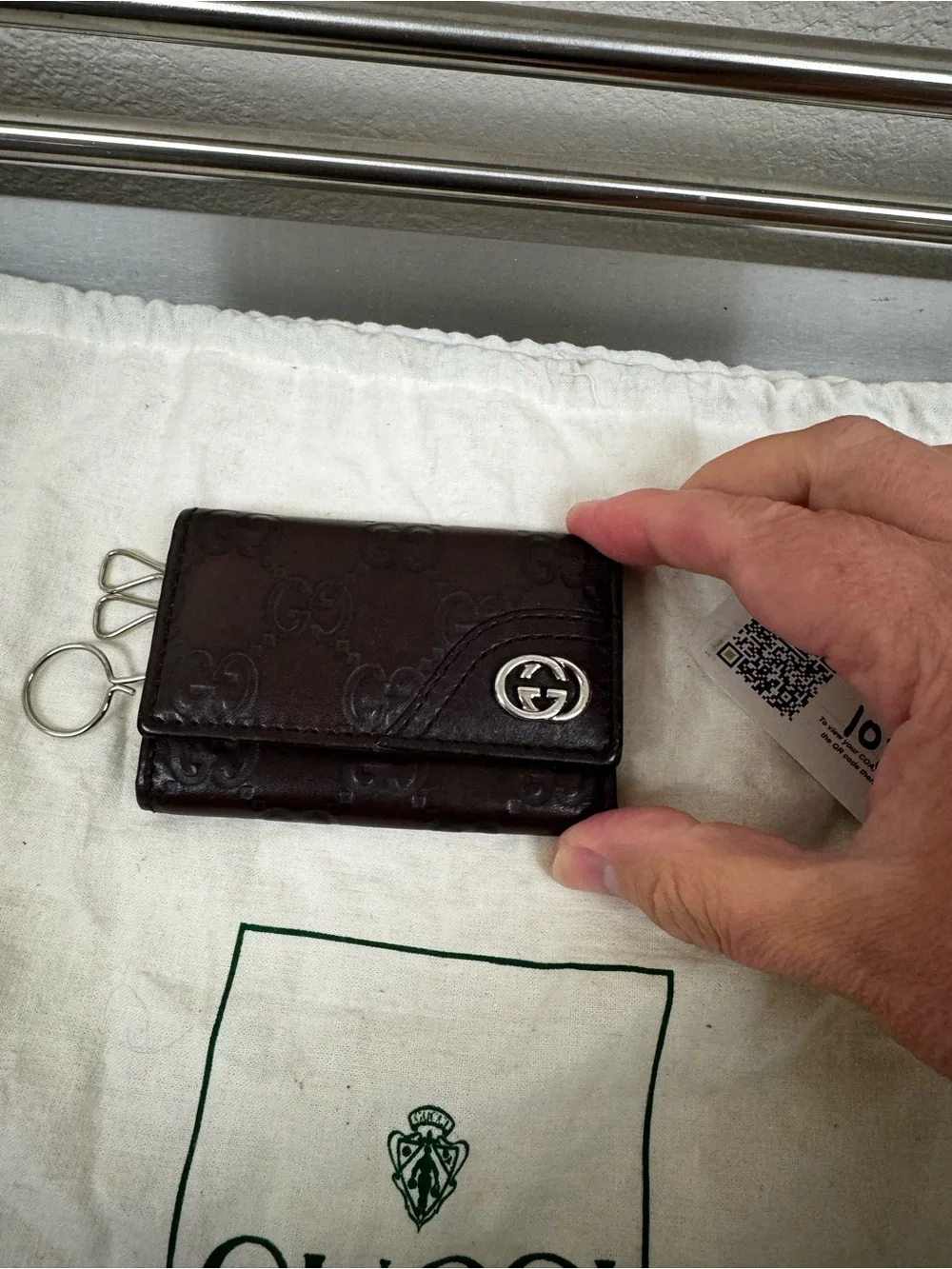 Gucci Brown Leather Key Case with Silver GG Logo with Certificate